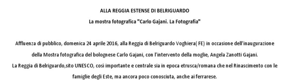 Alla Reggia Estense di Blìelriguardo, la mostra fotografica “Carlo Gajani. La Fotografia”